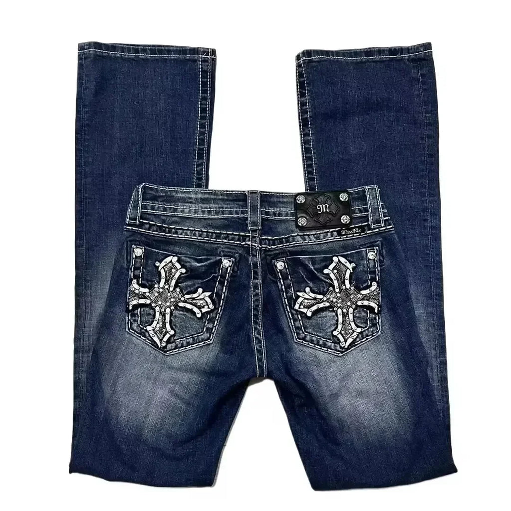 Harajuku Retro High Quality Boot Cut Jeans Women Y2K New Gothic Blue Denim Embroidery Hip Hop Cross Pocket Wide Pants Streetwear