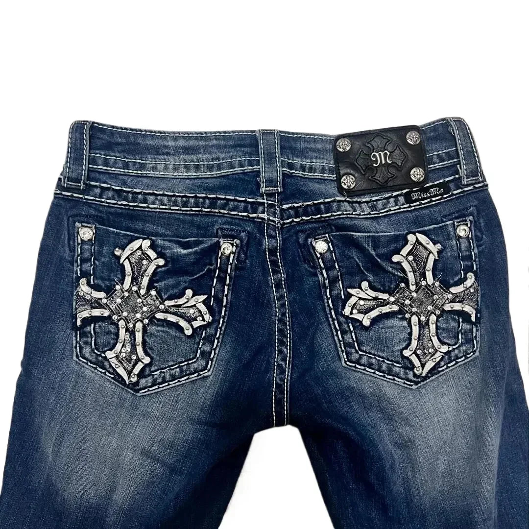 Harajuku Retro High Quality Boot Cut Jeans Women Y2K New Gothic Blue Denim Embroidery Hip Hop Cross Pocket Wide Pants Streetwear