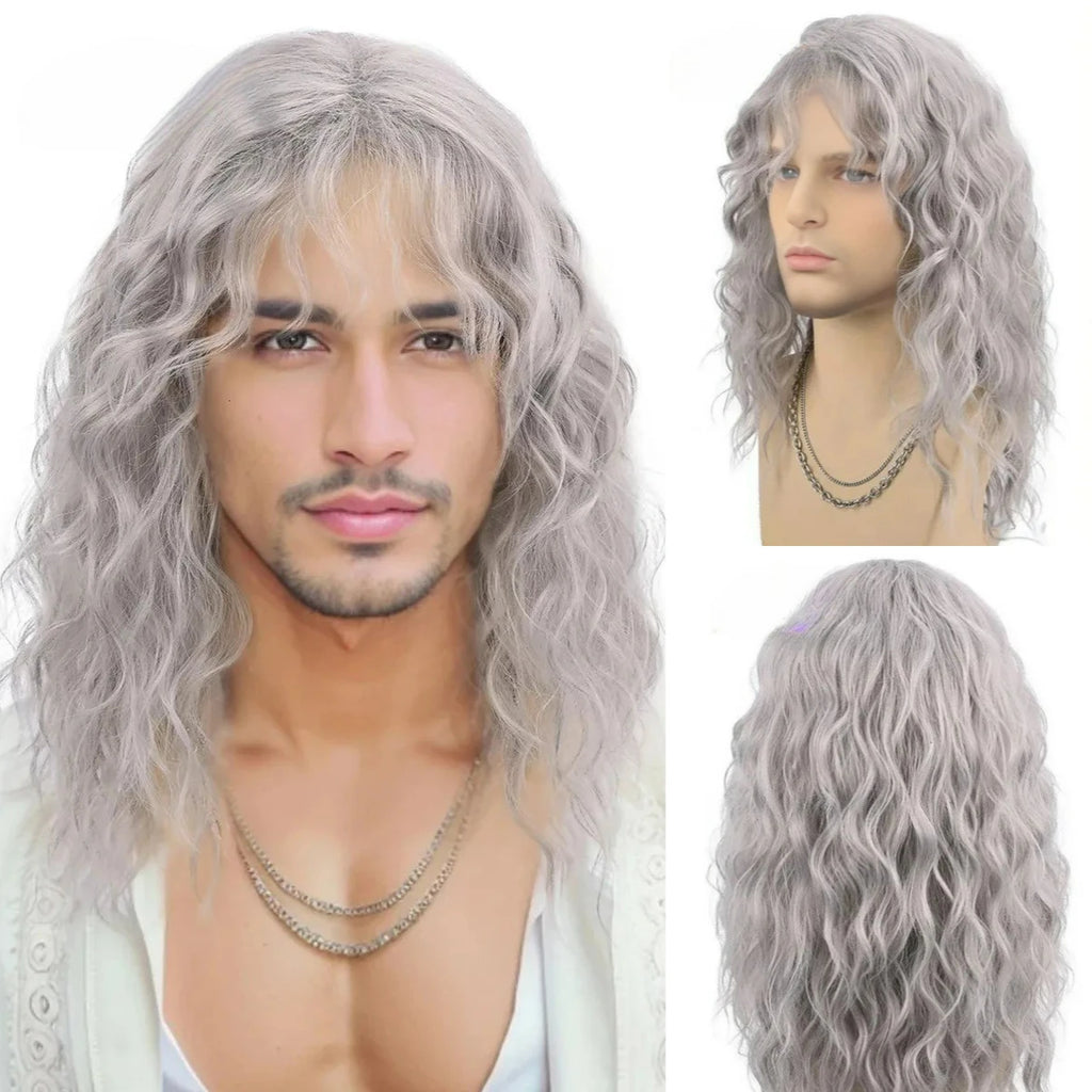 Men's Black Curly Wig with Bangs – Natural Water Wave Synthetic Hair for Cosplay, Halloween & Daily Wear – Adjustable Cap (Rolep