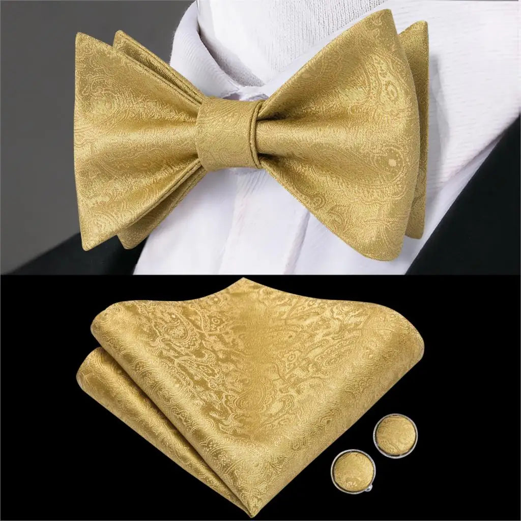 Hi-Tie Adjustable Butterfly Self Bow Tie for mens 100% Silk Floral Paisley Male Classic Wedding Party Golden Red Bow Tie Set