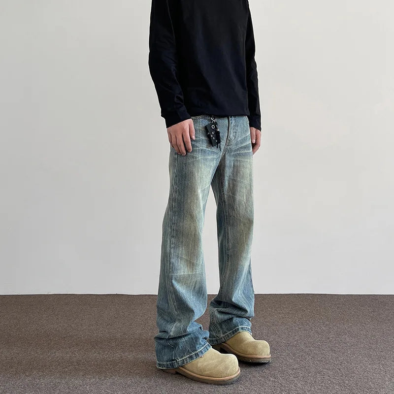 Hiphop Bootcut Jeans Mens Straight Wide-leg Pants New High Street Lightning Ripple Jeans Four Seasons Classic High Quality Pants