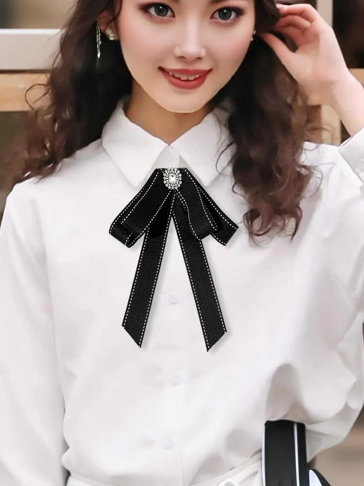 Black Ribbon Fabric Bow Brooch Tie Blouse Sweater Neckline Accessories Decoration