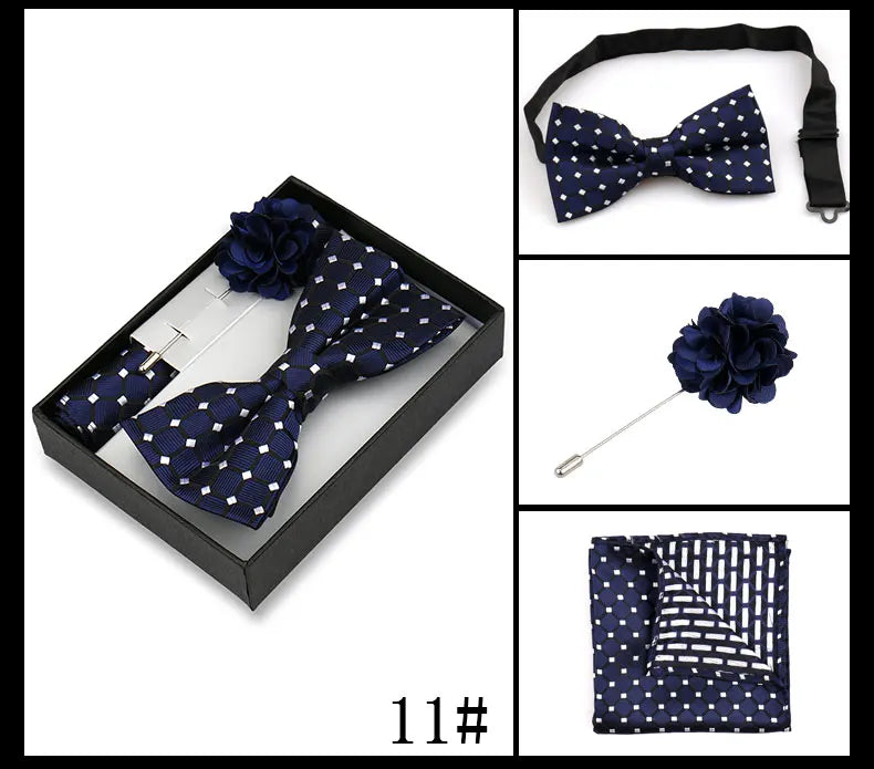 Classic High Quality Bow Tie Set Box Gift For Men Fashion Elegant Bowtie Handchief And Brooch Set Wedding Business Accessories