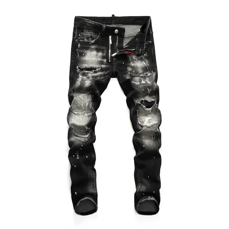 High Quality Street Fashion Men Jeans Retro Blue Elastic Slim Fit Ripped Jeans Men Embroidery Designer Denim Brand Pants Hombre