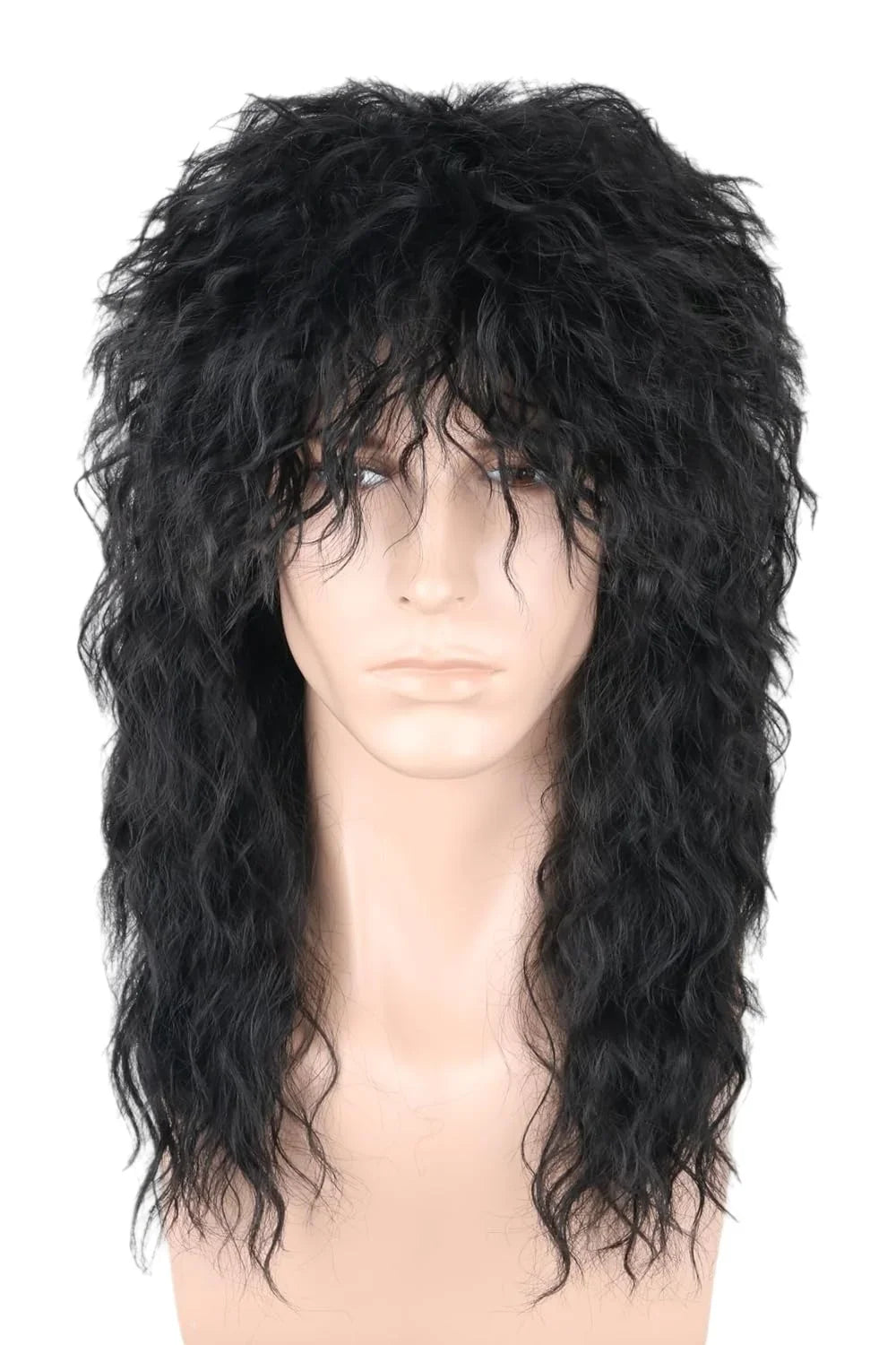 Men's Black Curly Wig with Bangs – Natural Water Wave Synthetic Hair for Cosplay, Halloween & Daily Wear – Adjustable Cap (Rolep