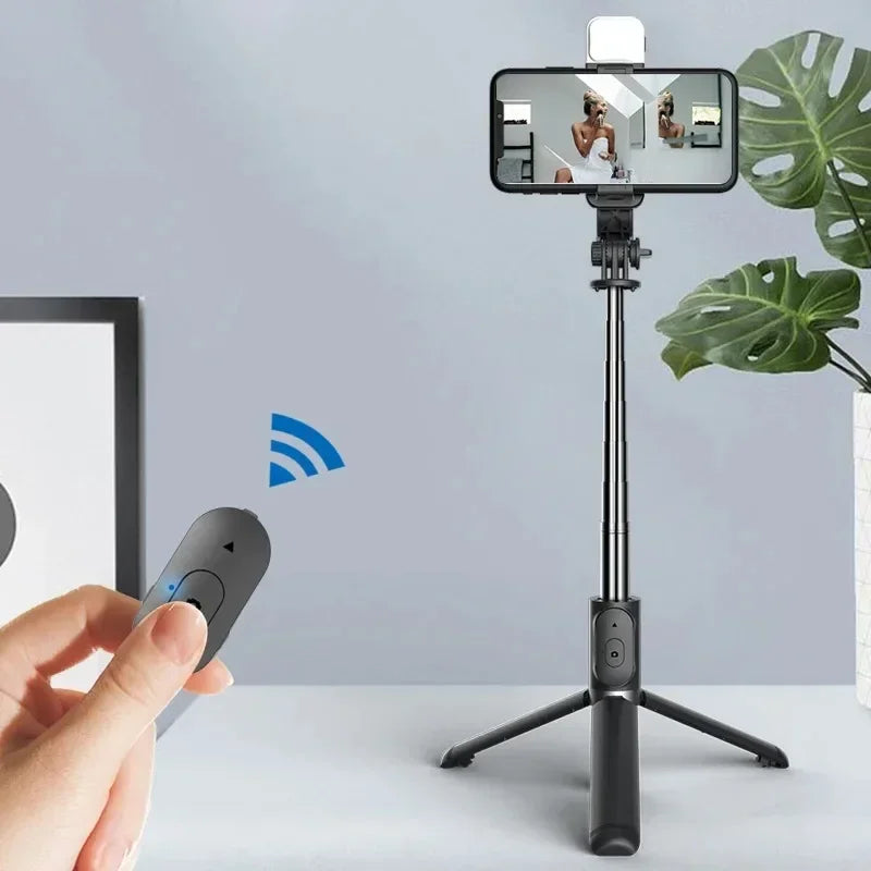 Wireless Selfie Stick with Tripod Stand and Light, Bluetooth Remote, Extendable for iPhone, Mobile Phone, Live Streaming