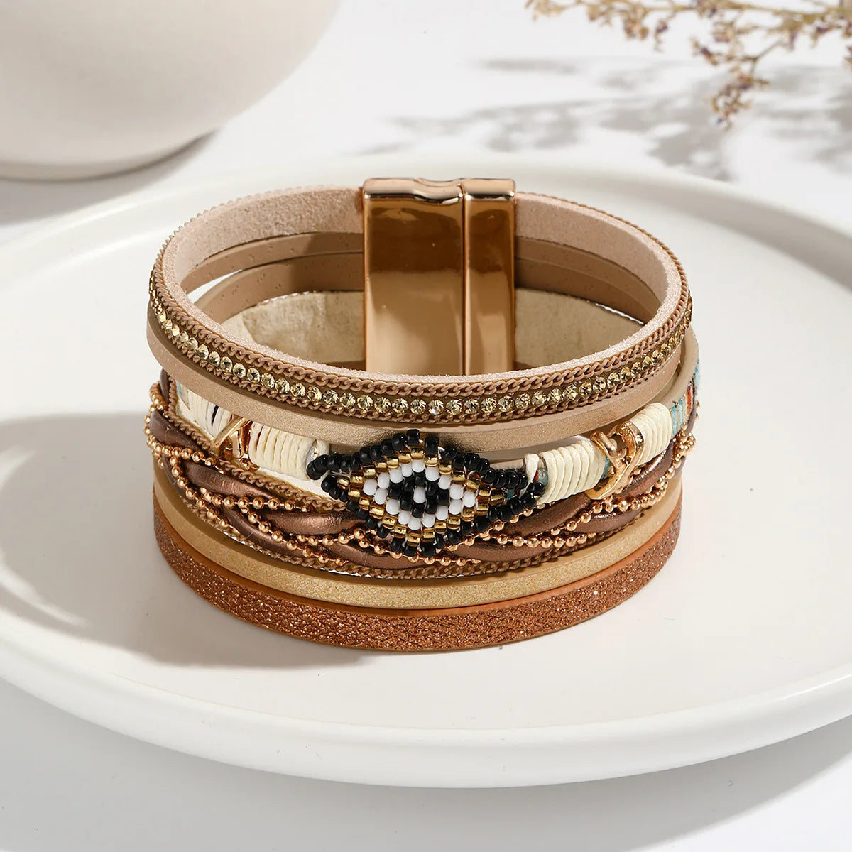 Multilayer Handwoven Leather Bracelet for Women Magnet Buckle Wide Bracelet Rice Bead Woven Devil's Eye Leather Bracelet Bangle