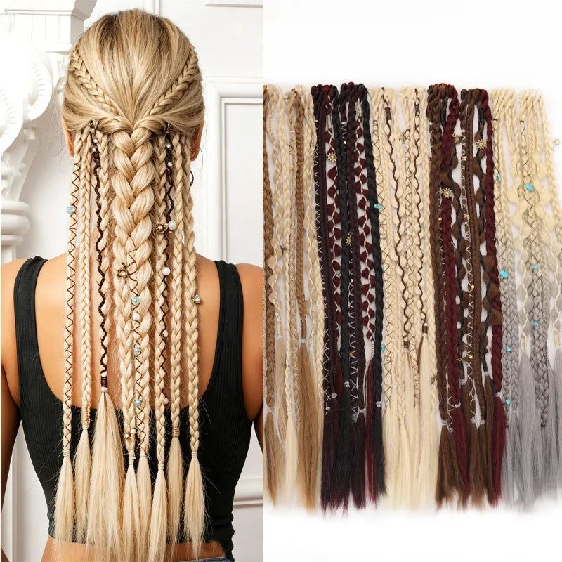 Bohemian Long Hair Braid Hand Woven Wig Braid with Decorative Hair Accessories Easy to Wear Synthetic Hair Clip Braid  synthetic