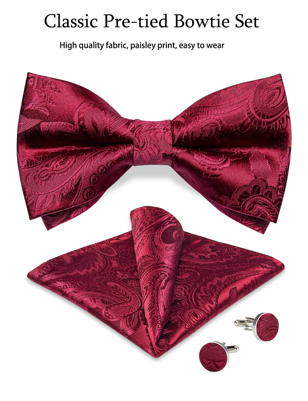 Wedding Bow Tie for Men Classic Red Pre-tied Bowtie Cufflinks Corsage Set for Party Butterfly Knot Gift Man Accessories
