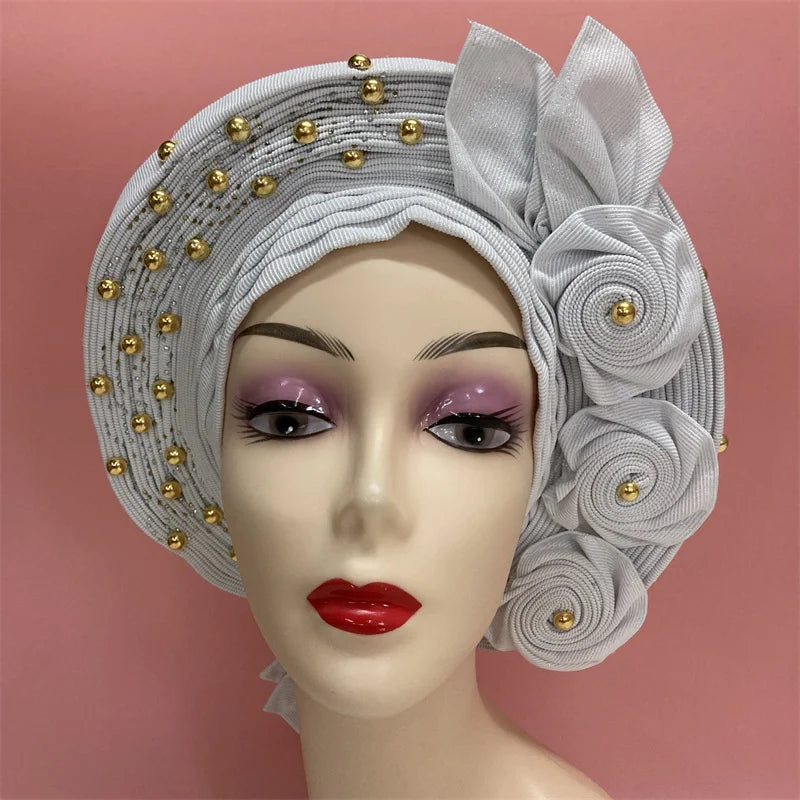 High Quality African Nigeria Gele Elegant Helmet With Stones Headband Turban Head Scarf Head-Hat Auto Gele Brand New Hats 7L5191