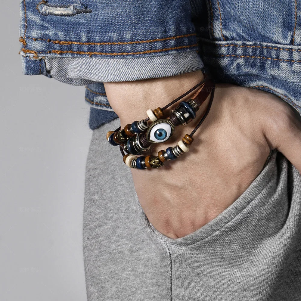 Braided Leather Bracelets for Men Women Wrap Wood Beads Cuff Bracelet Hemp Cords Ethnic Tribal Handmade Wrap Wristband Bracelets