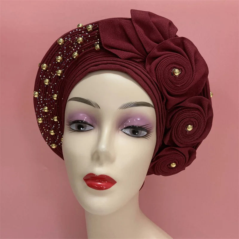 High Quality African Nigeria Gele Elegant Helmet With Stones Headband Turban Head Scarf Head-Hat Auto Gele Brand New Hats 7L5191