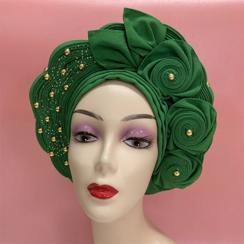 High Quality African Nigeria Gele Elegant Helmet With Stones Headband Turban Head Scarf Head-Hat Auto Gele Brand New Hats 7L5191
