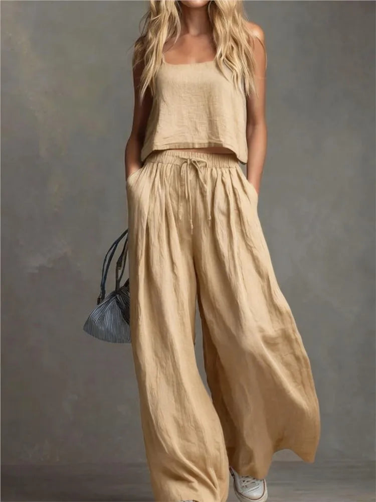 Suspender Top Women + Wide-leg Trousers Women 2piece Set Summer Fashion Elastic Waist Lace-up Pocket Trousers Casual Suit Female