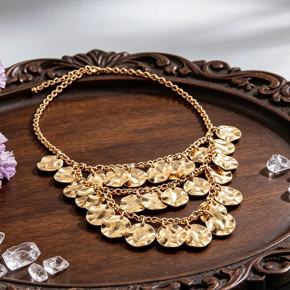 Elegant Multi Layer Hammered Disc Bib Necklace Gold Tone Statement Accessory for Women's Special Occasion Styling