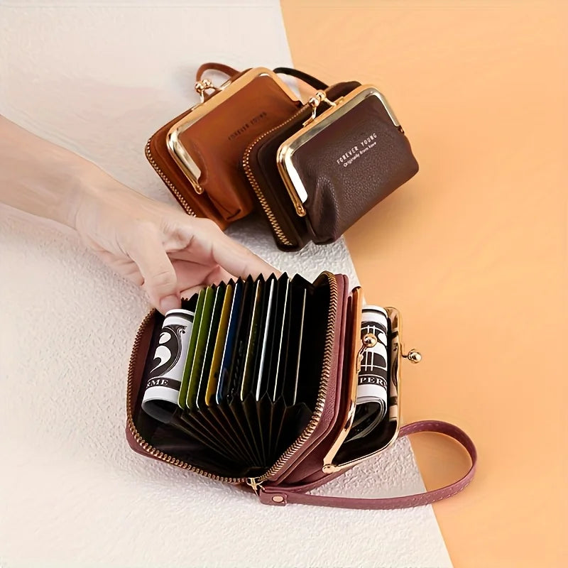 Women'S Elegant Wallet with Wrist Strap & Kiss Button Closure -Golden-Tone Hardware,Zipper Pocket & Card Holder,Wallet for Women
