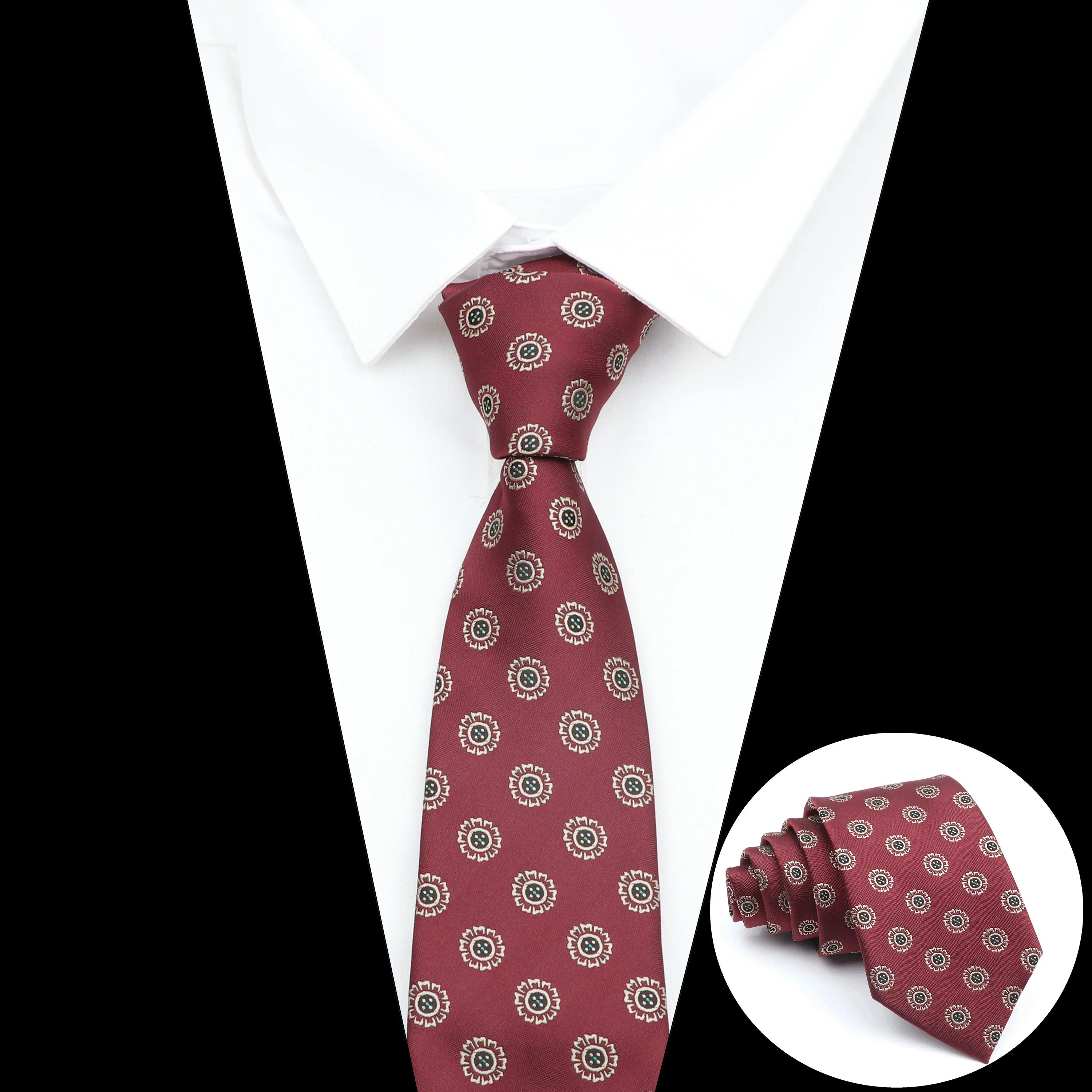 New Men's Casual 7CM Ties Classic Polyester Woven Party Neckties Fashion Burgundy Flower Man Neck Tie For Wedding Business Male