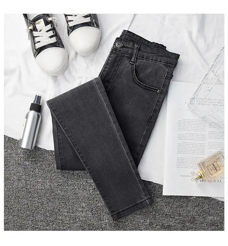 High Waist Slim Fit Jeans Women's Elastic Stretchy Nine Points Pants Spring Autumn Fashionable Casual Straight Leg Trousers