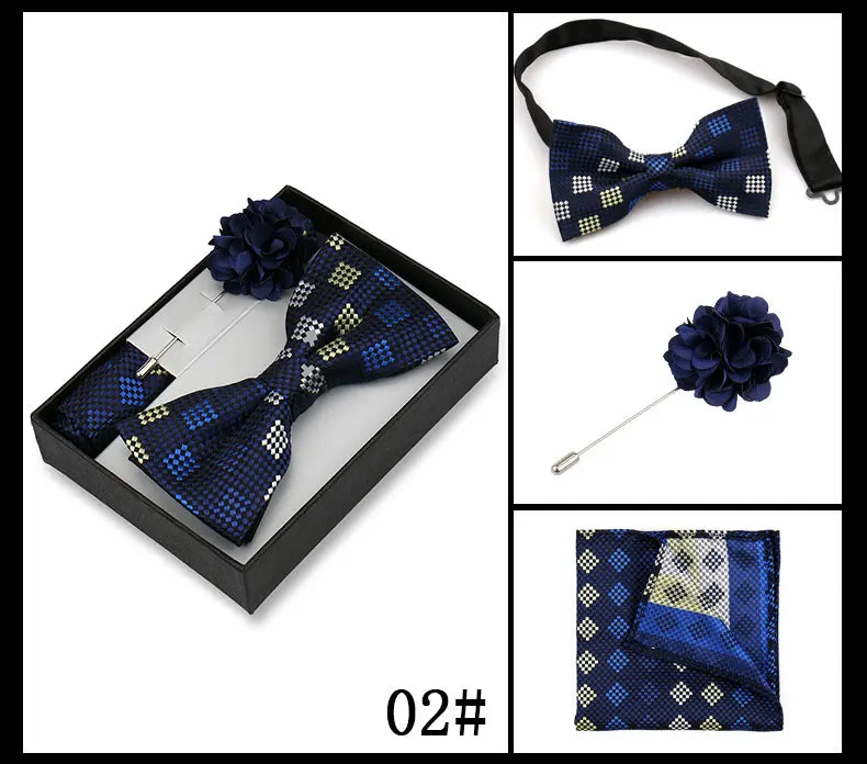 Classic High Quality Bow Tie Set Box Gift For Men Fashion Elegant Bowtie Handchief And Brooch Set Wedding Business Accessories