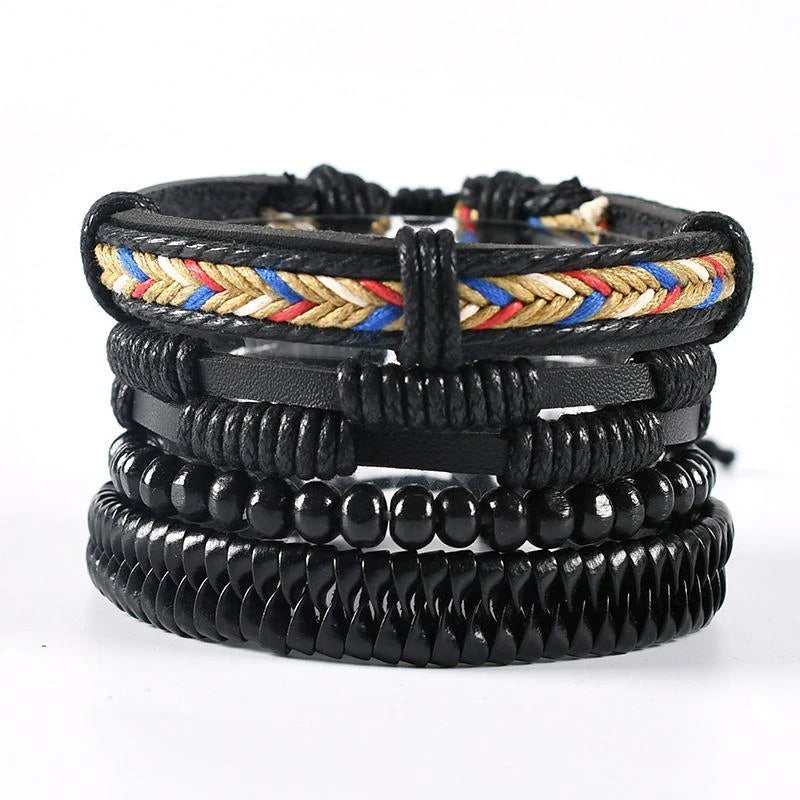 4Pcs/ Set Braided Wrap Leather Bracelets For Men Vintage Life Tree Rudder Charm Wood Beads Ethnic Tribal Wristbands
