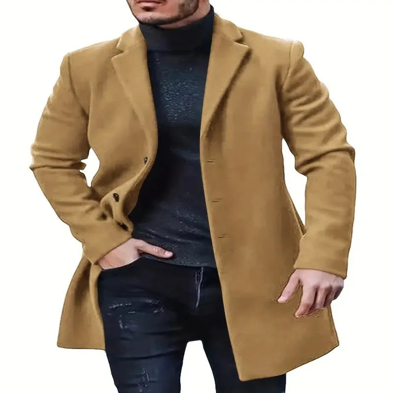 Men's Woolen Coat New Solid-Color Warm Woolen Overcoat Mid-Length Windbreaker Comes Multiple Colors Coat Men's Clothing