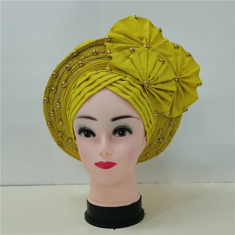 High Quality African Nigeria Gele Elegant Helmet With Stones Headband Turban Head Scarf Head-Hat Auto Gele Brand New Hats 7L1181