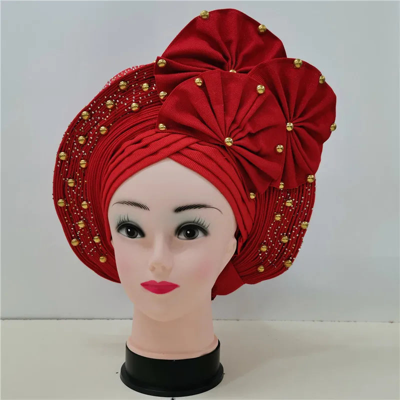 High Quality African Nigeria Gele Elegant Helmet With Stones Headband Turban Head Scarf Head-Hat Auto Gele Brand New Hats 7L1181