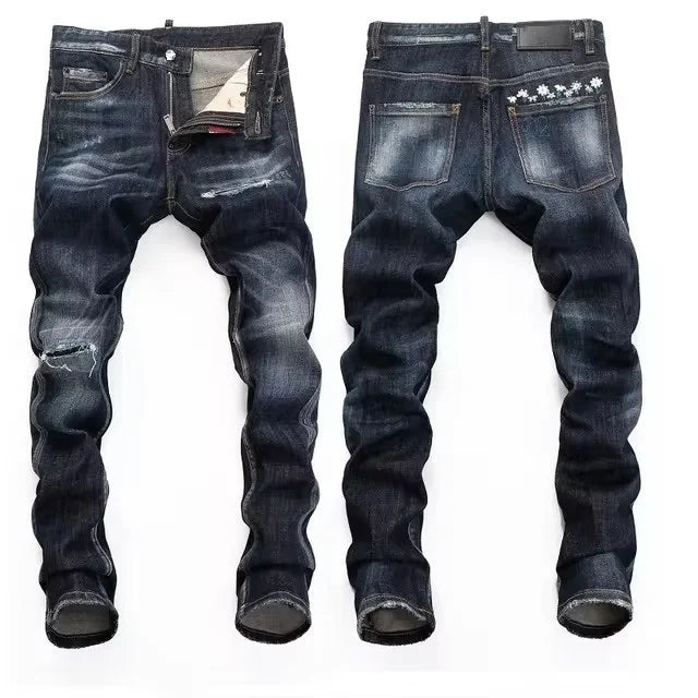 High Quality Street Fashion Men Jeans Retro Blue Elastic Slim Fit Ripped Jeans Men Embroidery Designer Denim Brand Pants Hombre