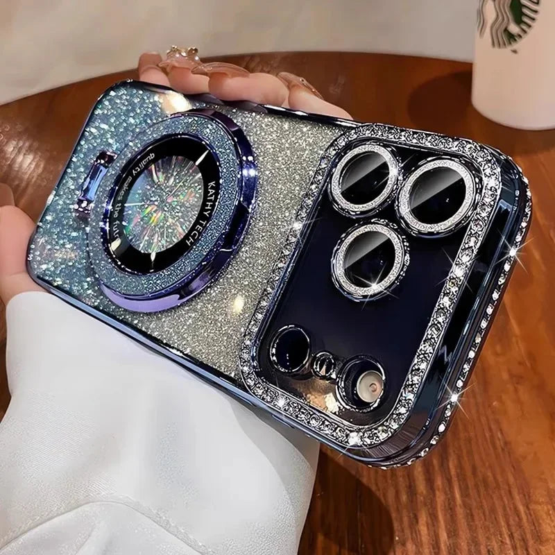 Plating transparent diamond glitter magnetic phone case for iPhone 17 16 13 14 15 Pro Max lens protection bracket back cover