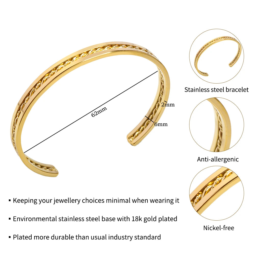Beads Punk Gold Plated Thick Textured Open Bracelet Bangle for Women Men Trendy Stainless Steel Metal Bracelets