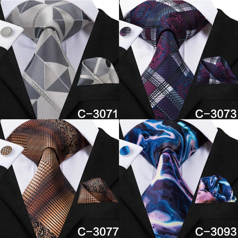 C-3014 Hi-Tie Men Tie Silk Necktie Plaid Brown Ties for Men High Quality Hanky Cufflinks Set Men's Wedding Pocket Square Tie Set