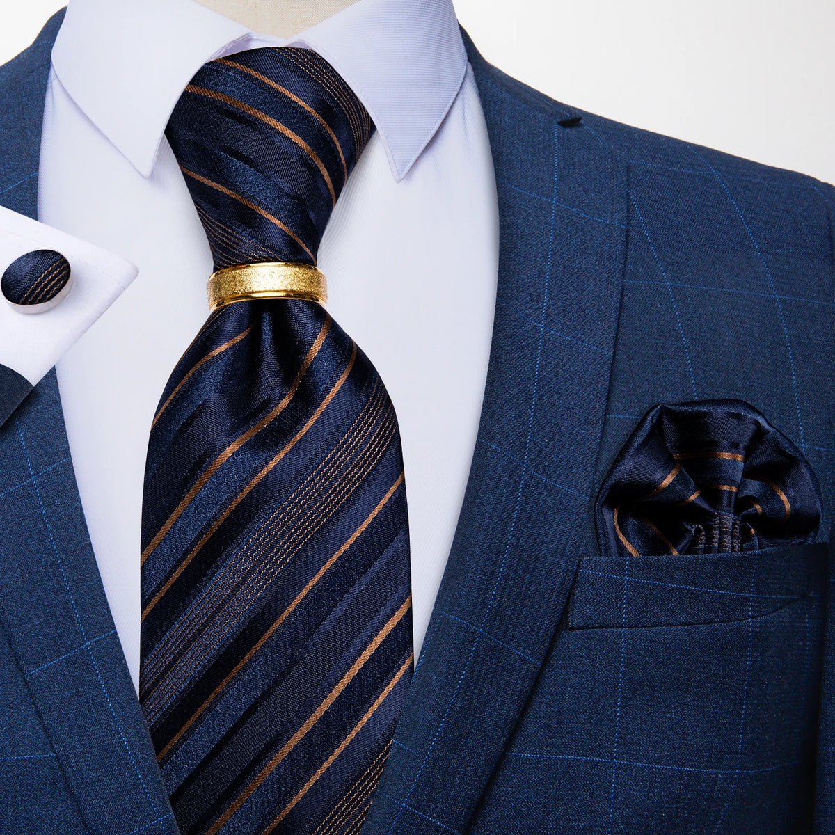 Men's Tie Handkerchief Cuffink Necktie Set Jacquard Woven Silk Blue Wedding Formal Business Party Necktie Ring Set DiBanGu