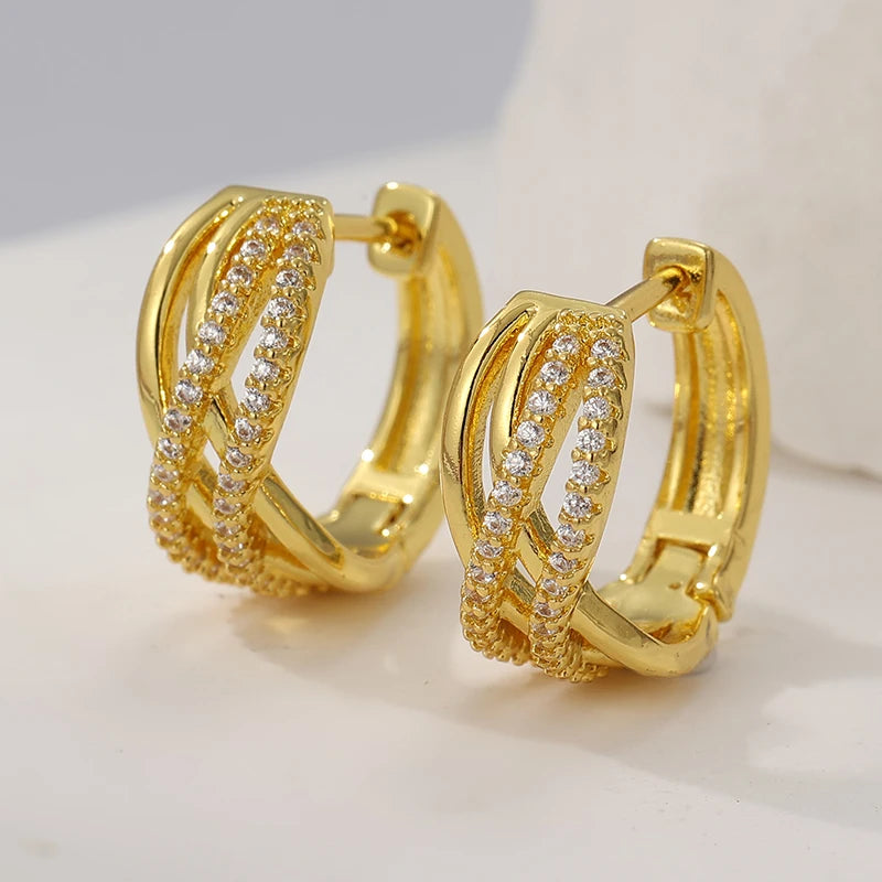 Exquisite Gold Color White CZ Hoops Women's Earrings Metal Hand Carving Cross Pattern Party Daily Wear