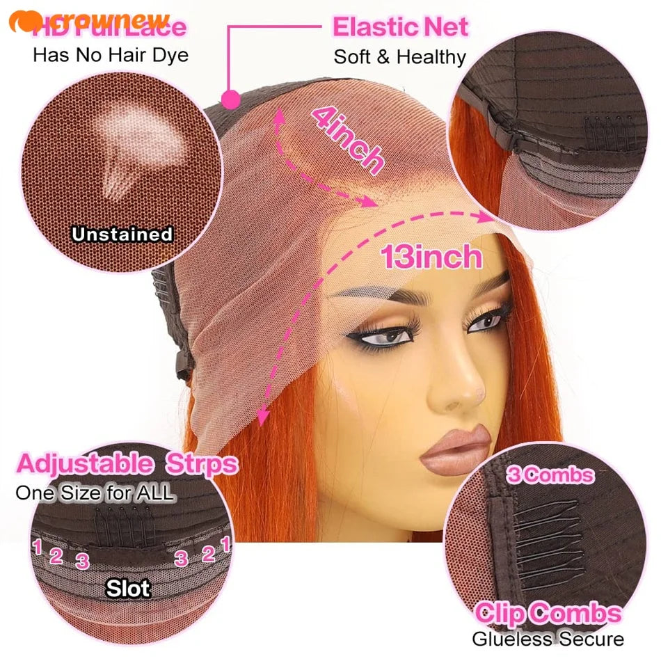 Ginger Human Hair Wig #350 Colored Straight Bob Hair Wig Human Hair 13X4 Hd Lace Frontal Wigs Preplucked 100% Human Hair Wig
