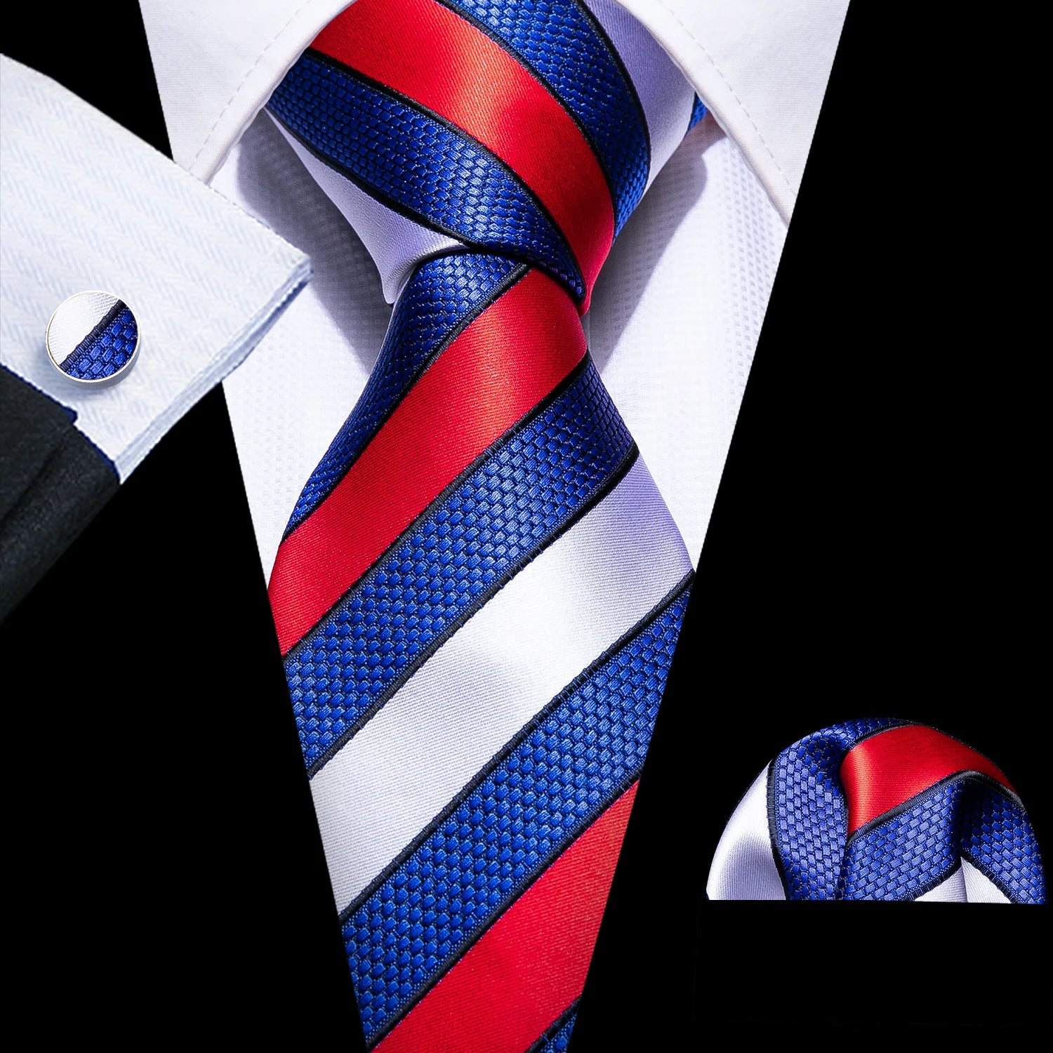 Male Luxury Neck Tie For Men Business Red Striped Tie Hanky Cufflinks Set Neckwear Wedding Party Casual