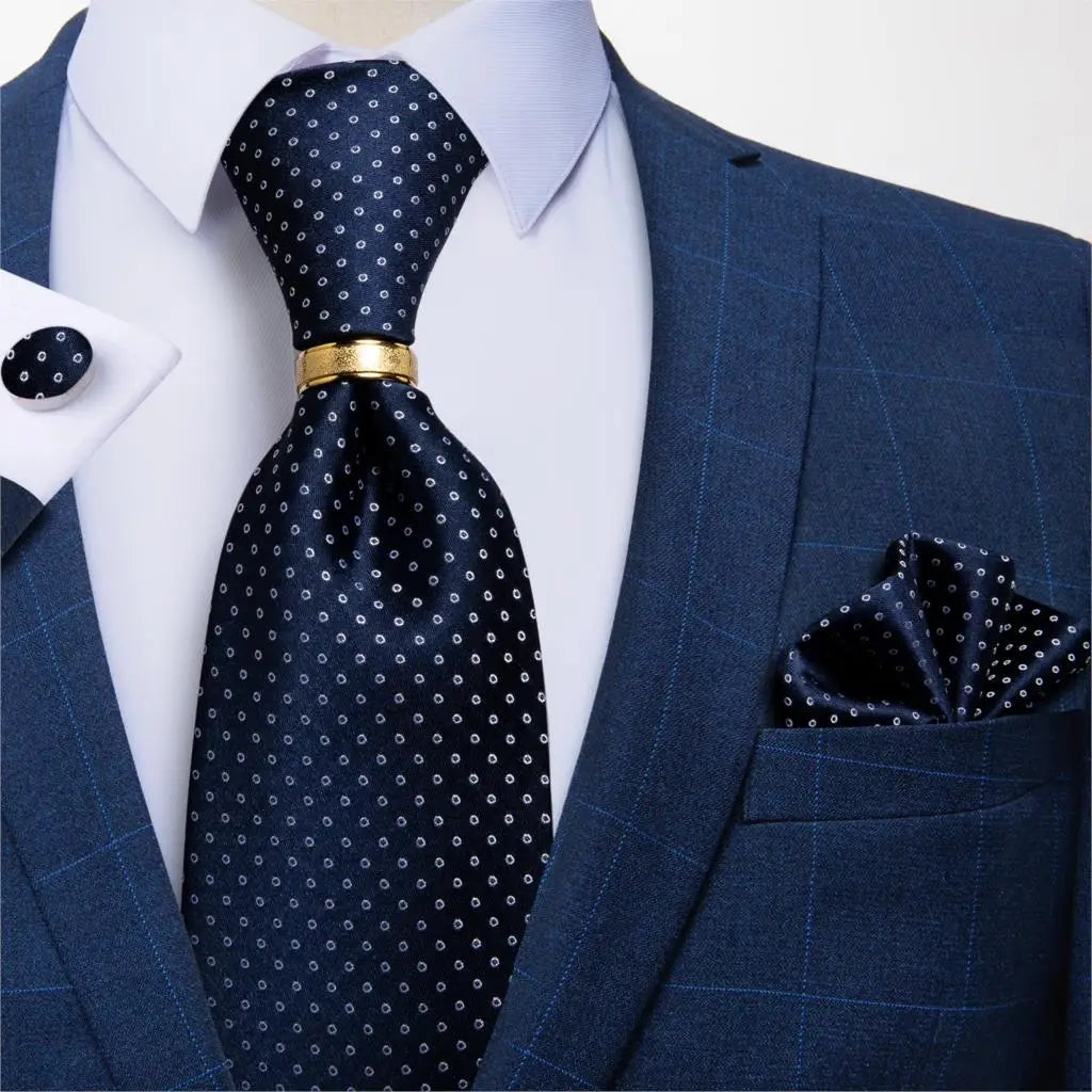 Men's Tie Handkerchief Cuffink Necktie Set Jacquard Woven Silk Blue Wedding Formal Business Party Necktie Ring Set DiBanGu