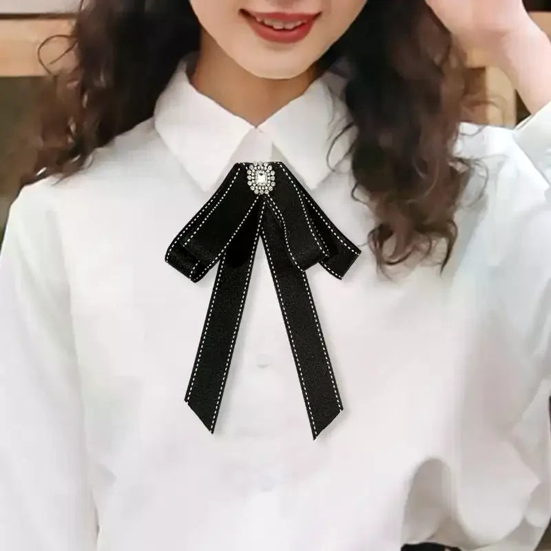Black Ribbon Fabric Bow Brooch Tie Blouse Sweater Neckline Accessories Decoration