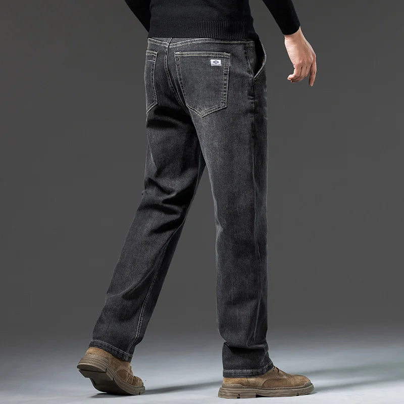 Men's loose straight leg jeans retro washed elastic casual pants suitable for all seasons versatile pants