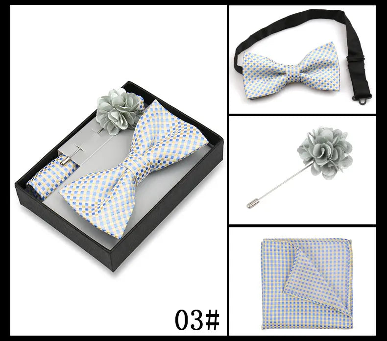 Classic High Quality Bow Tie Set Box Gift For Men Fashion Elegant Bowtie Handchief And Brooch Set Wedding Business Accessories