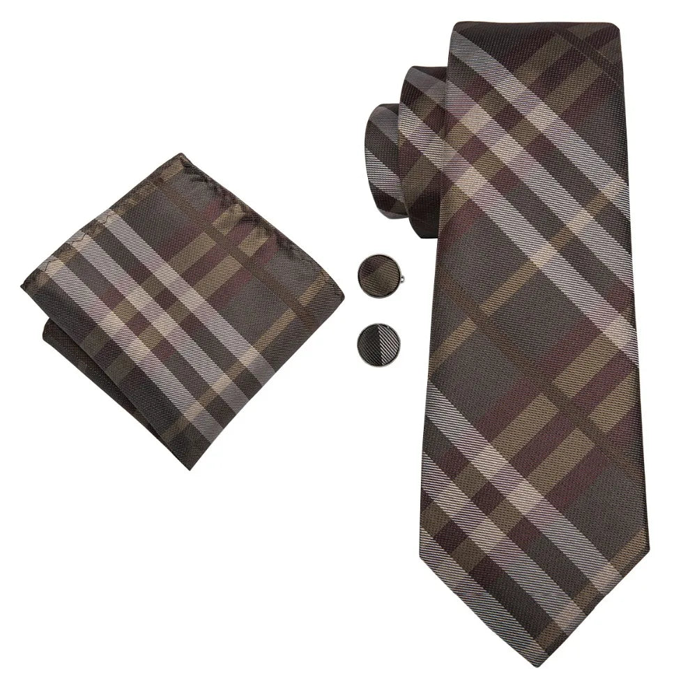 C-3014 Hi-Tie Men Tie Silk Necktie Plaid Brown Ties for Men High Quality Hanky Cufflinks Set Men's Wedding Pocket Square Tie Set