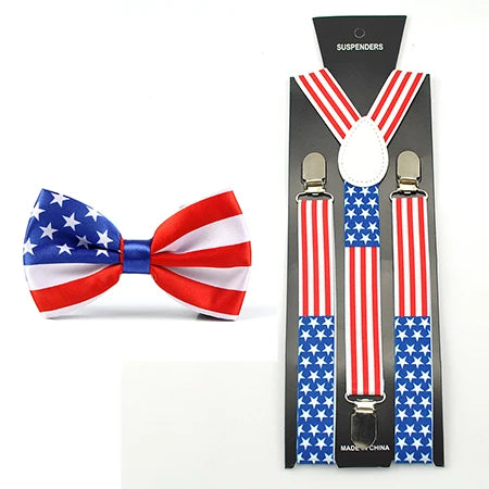 USA American Flag Suspender & Bow Tie Set, Adjustable Elastic Braces with Bowtie for Men Women, Patriotic Outfit for 4th of July