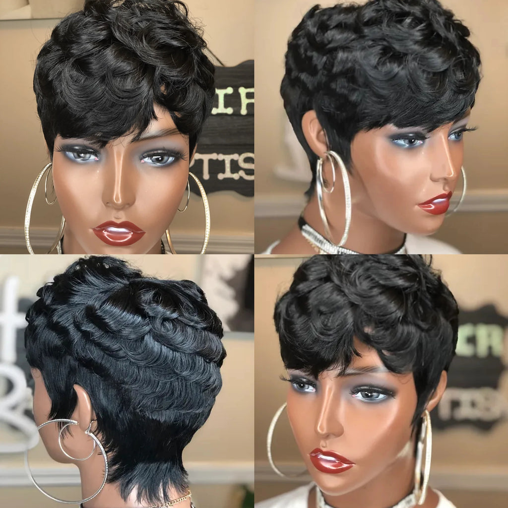 WIGERA Synthetic Highlight Cheap Ombre Black Blond Gold Short Straight Pixie Cut Hair Bob Wig With Curly Bangs Hair For Women
