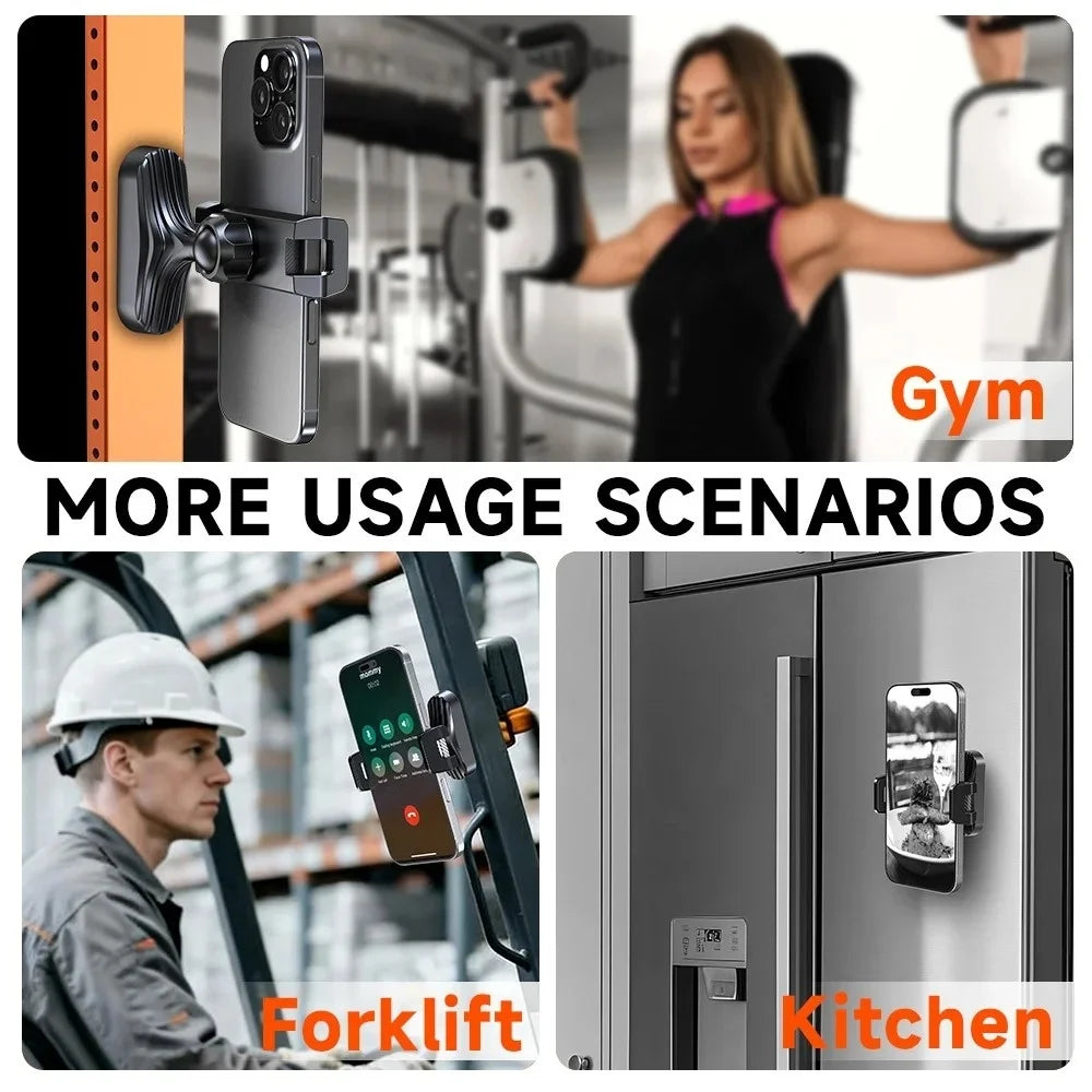 Magnetic Phone Holder, 360° Adjustable Retractable Clamp Universal Hands-Free for Gym, Forklift, Kitchen, Fits All Phones