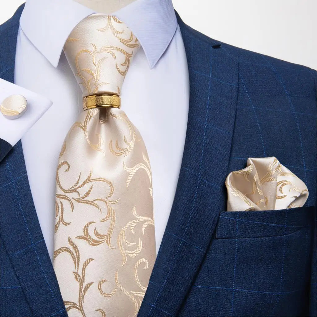 Men's Tie Handkerchief Cuffink Necktie Set Jacquard Woven Silk Blue Wedding Formal Business Party Necktie Ring Set DiBanGu
