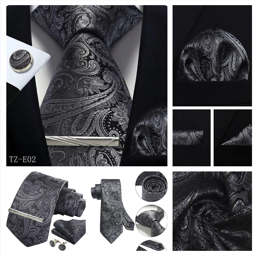 Mens Tie Set Silk Silver Paisley Floral Necktie and Pocket Square Cufflinks Tie Clip Classic Formal Ties for Men Wedding Party