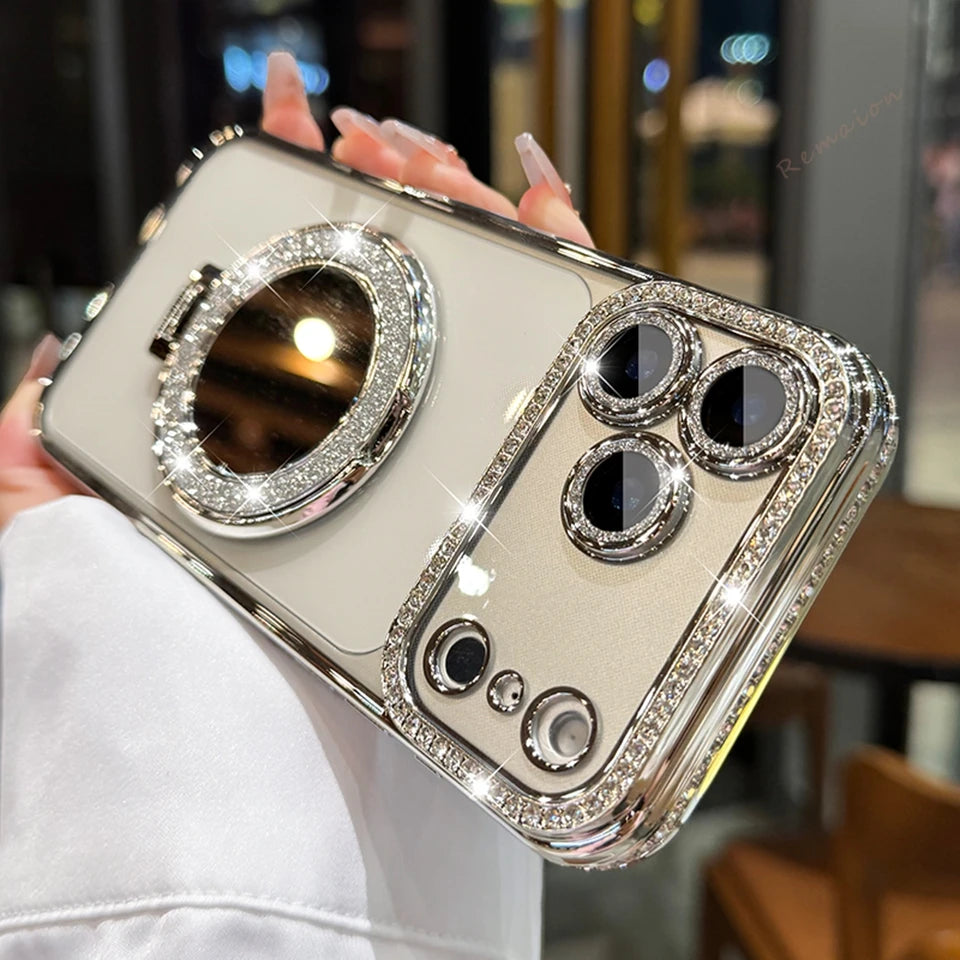 Diamond Mirror Magnetic Case For iPhone 17 Air 16E 16 15 14 Plus 13 11 12 16 Pro Max Magsafe Glitter Transparent Protector Cover
