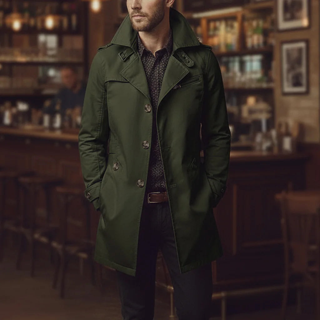 Men's Slim Notched Collar Single Breasted Cotton Jacket Office Casual Business Trench Coat