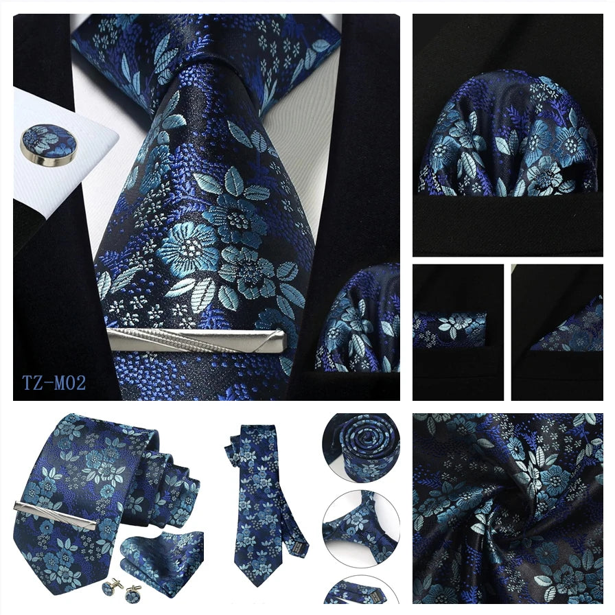 Mens Tie Set Silk Silver Paisley Floral Necktie and Pocket Square Cufflinks Tie Clip Classic Formal Ties for Men Wedding Party