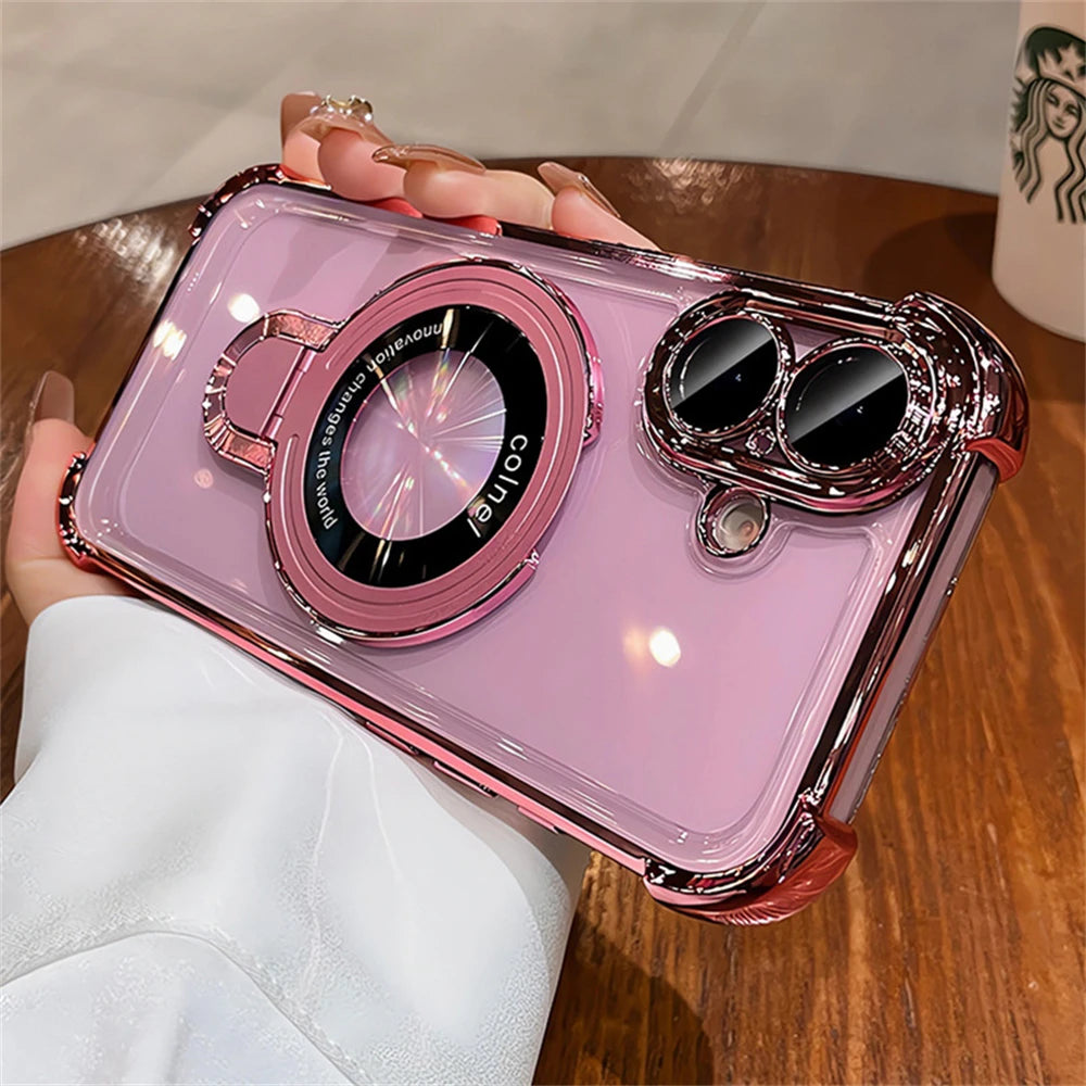 For Magsafe Bracket Clear Plating Phone Cases For iPhone 17 16 15 14 13 12 Pro Max Plus Air Magnetic Ring Stand Holder Cover
