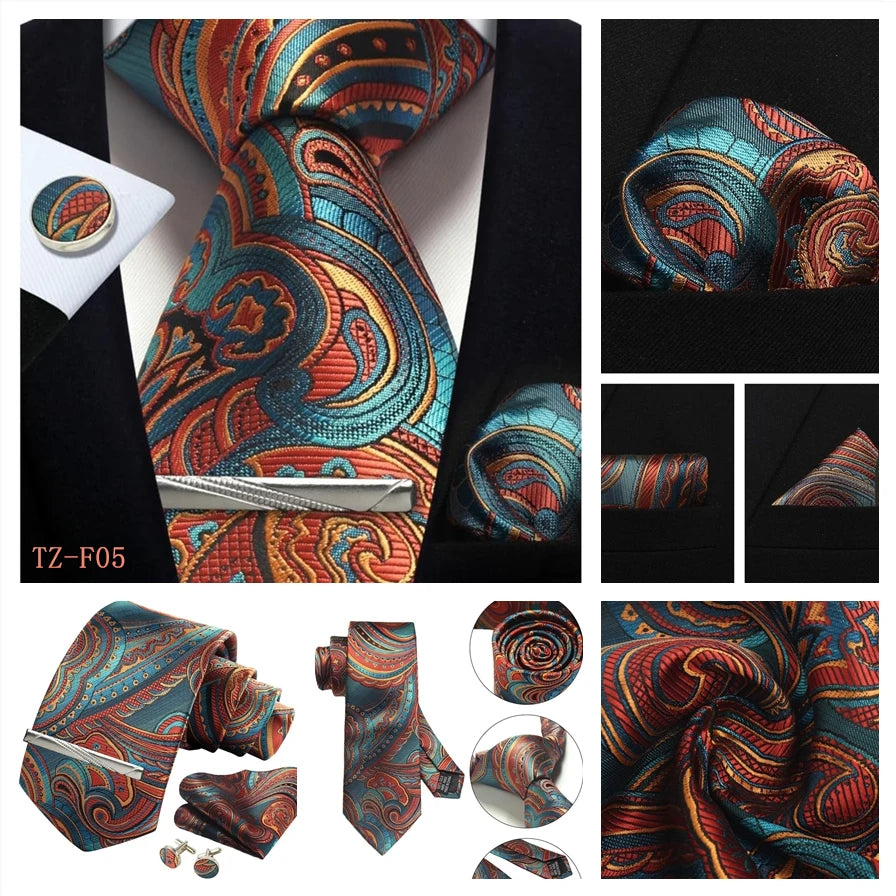Mens Tie Set Silk Silver Paisley Floral Necktie and Pocket Square Cufflinks Tie Clip Classic Formal Ties for Men Wedding Party